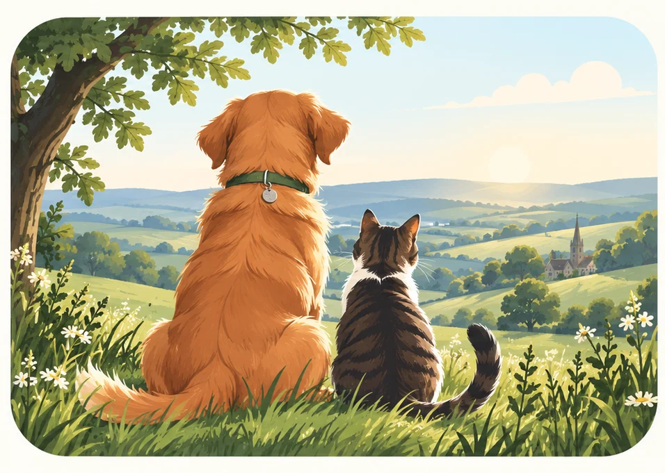 Illustration of the Sussex countryside and pets