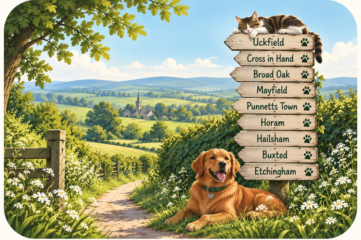 Illustration of the Sussex countryside and pets